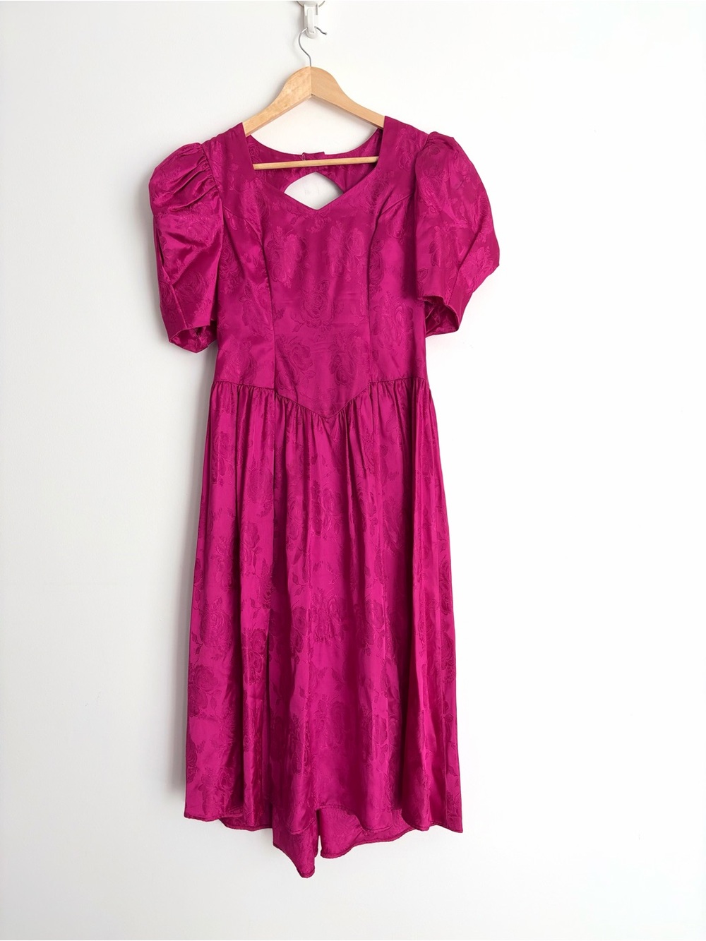 Vintage Fuchsia Rose Jacquard Basque Waist Puff Sleeve Dollcore Dress XS-S